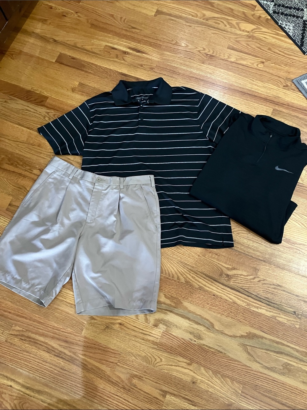 Nike Golf Black Striped Polo. Khaki Shorts 34 and Black Nike Qtr-Zip Sz L EUC